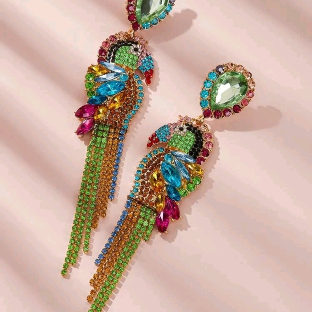 Colorful Parrot Rhinestone Earrings - Picture 3 of 4